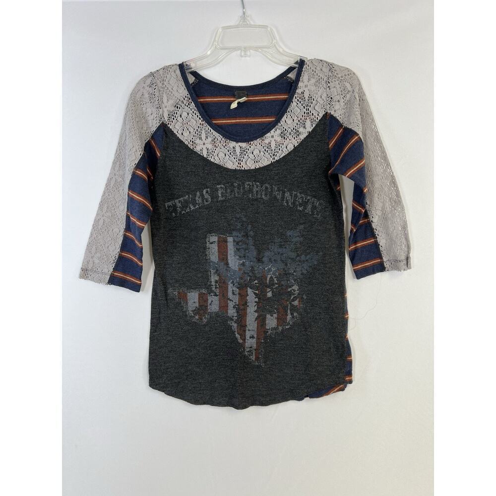 We The Free Long Sleeve Tee Blue‎ Striped Lace Combo Size Medium Texas